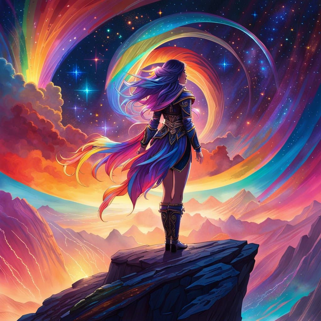 Cosmic Rainbow Landscape with Female Mage