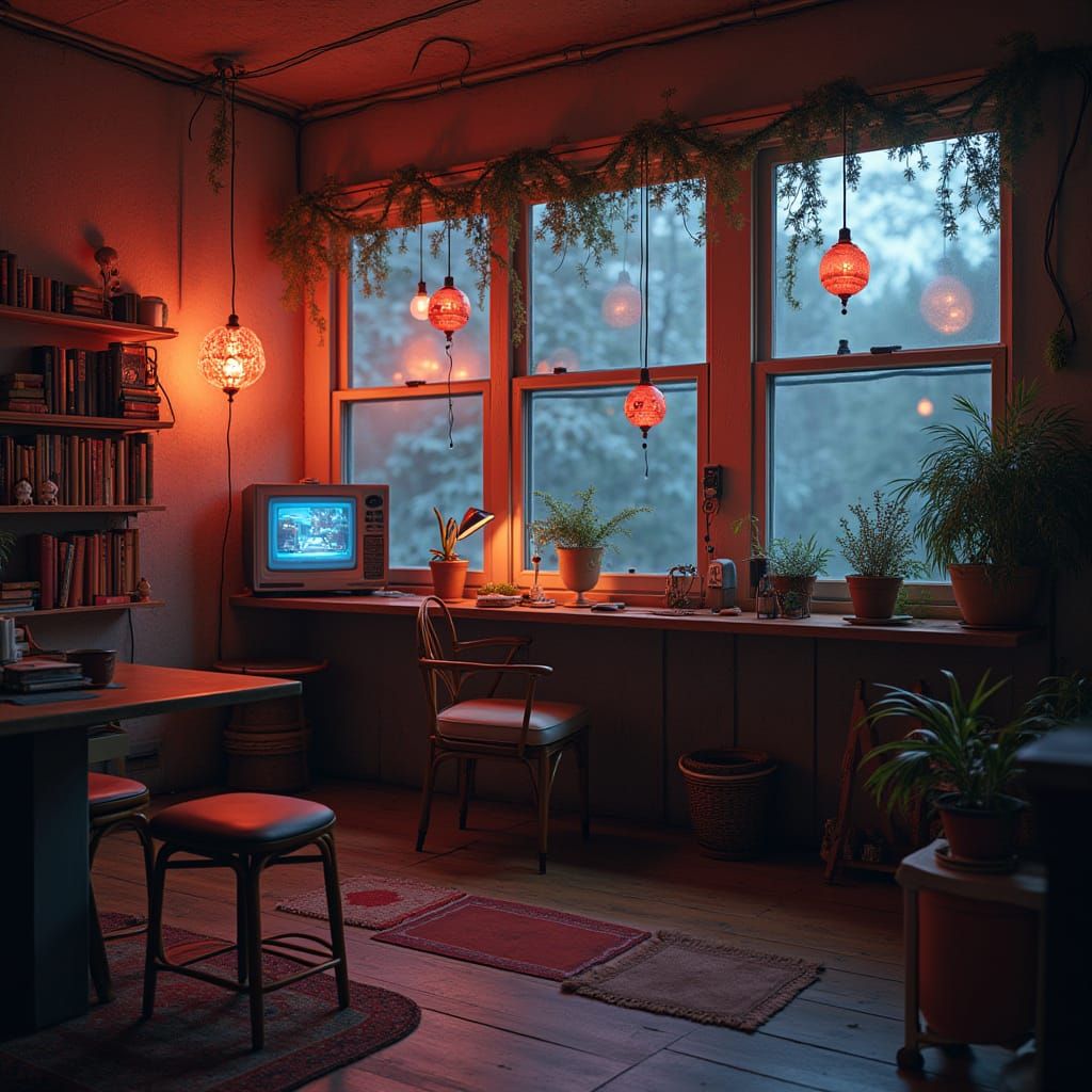 Japanese Post-Cyberpunk Room with Lanterns and Christmas Lig...