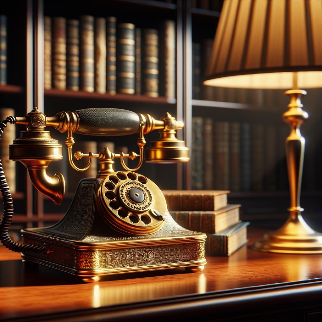Vintage Telephone on Wooden Desk with Books