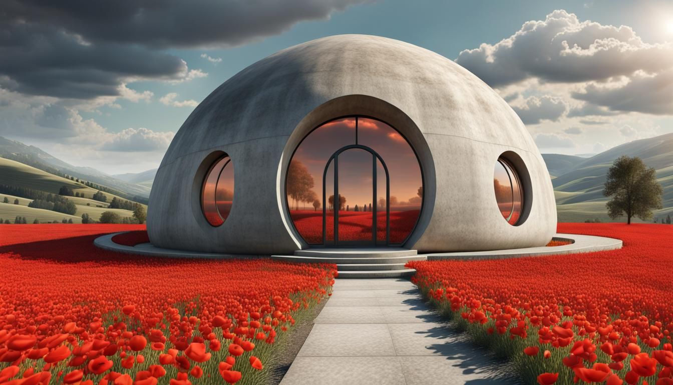 Surreal Concrete Dome House in Poppy Field