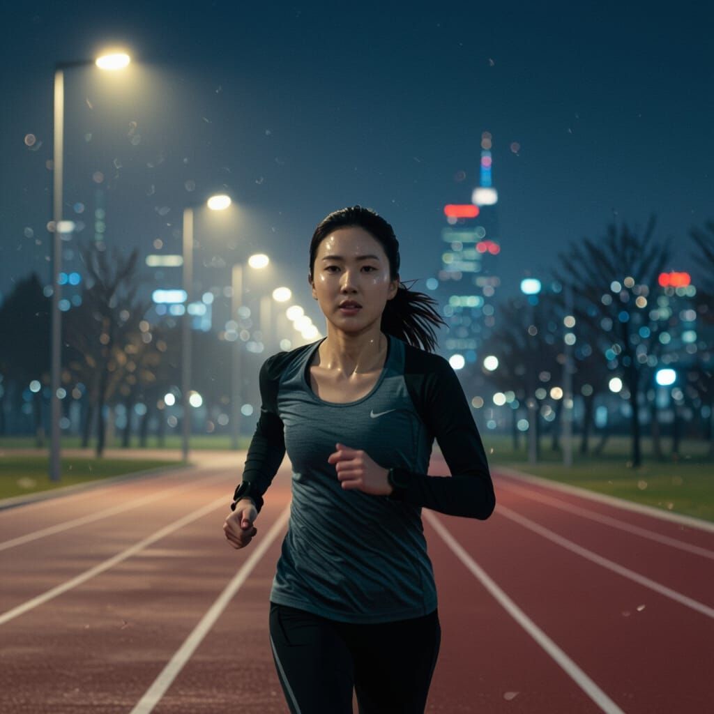 Determined Woman Running on Seoul Park Track at Night