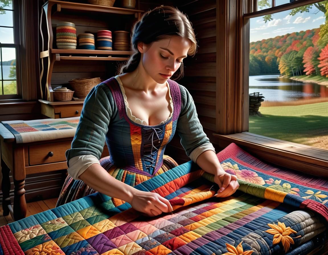 Colonial Woman Weaving Quilt in New England Landscape