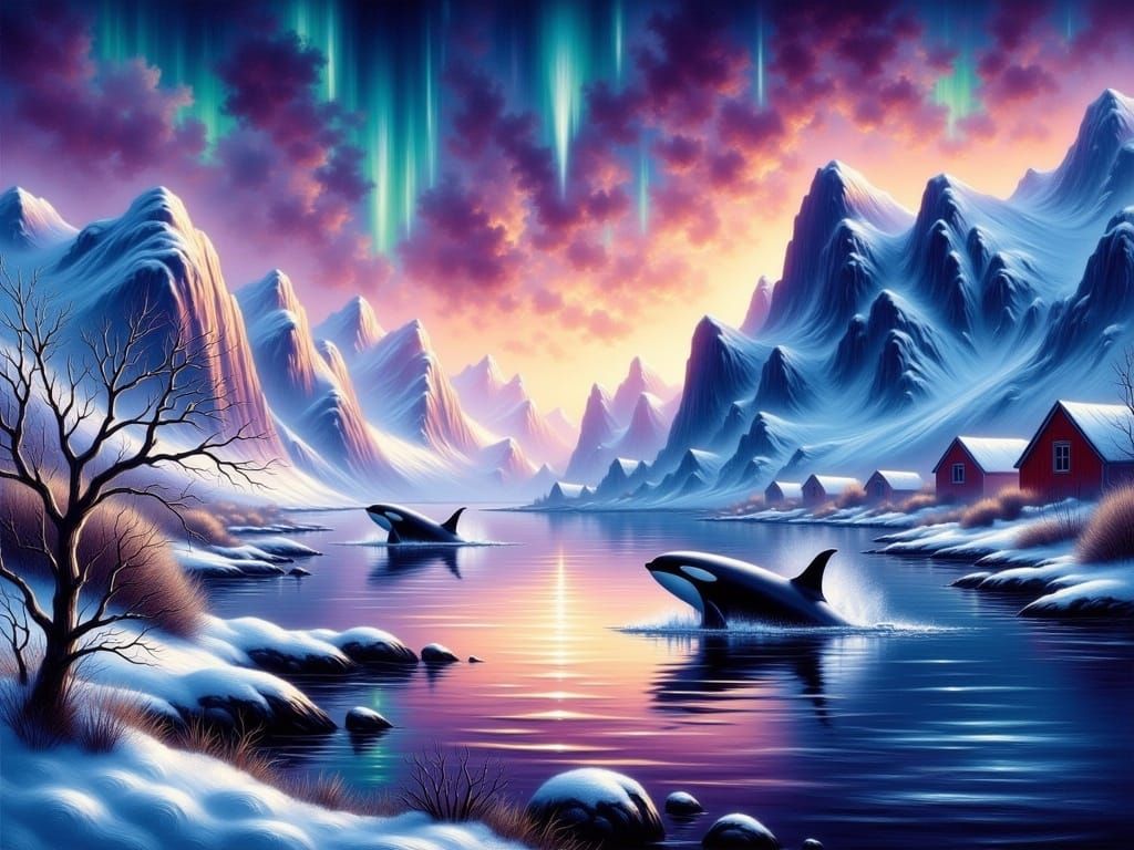 Orcas Dancing Under Northern Lights in Oil Paint