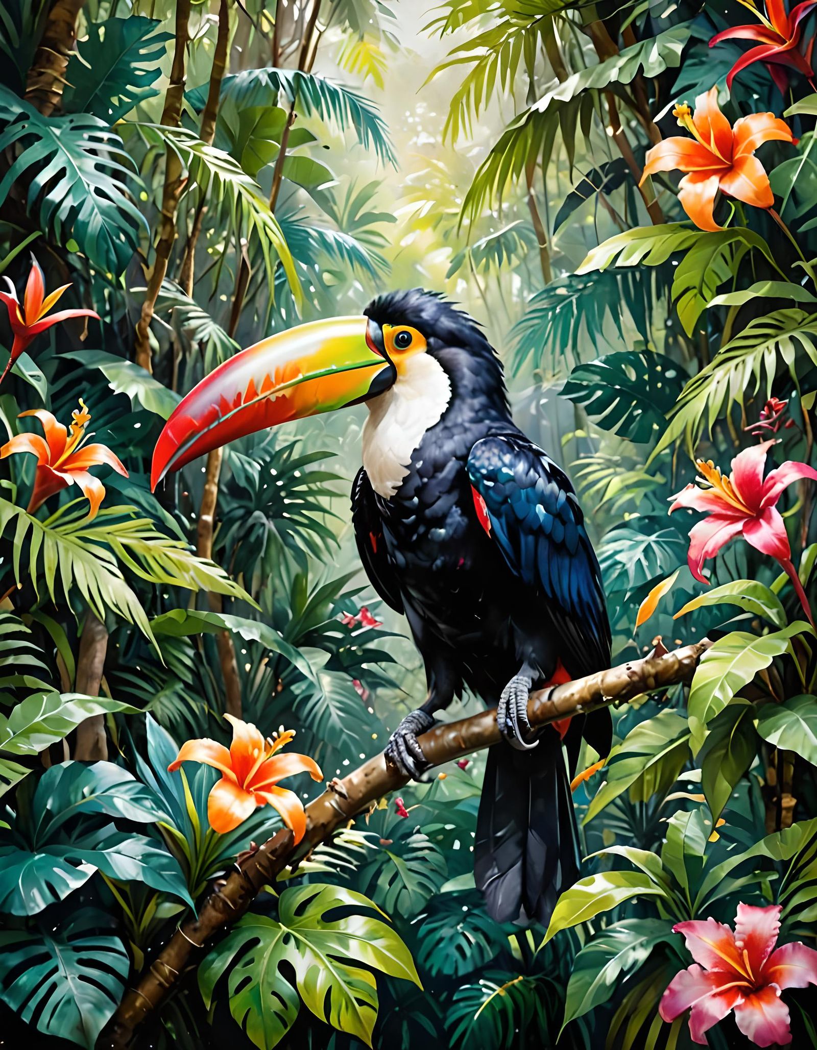 Toucan in Tropical Forest: Watercolour and Metallic Ink