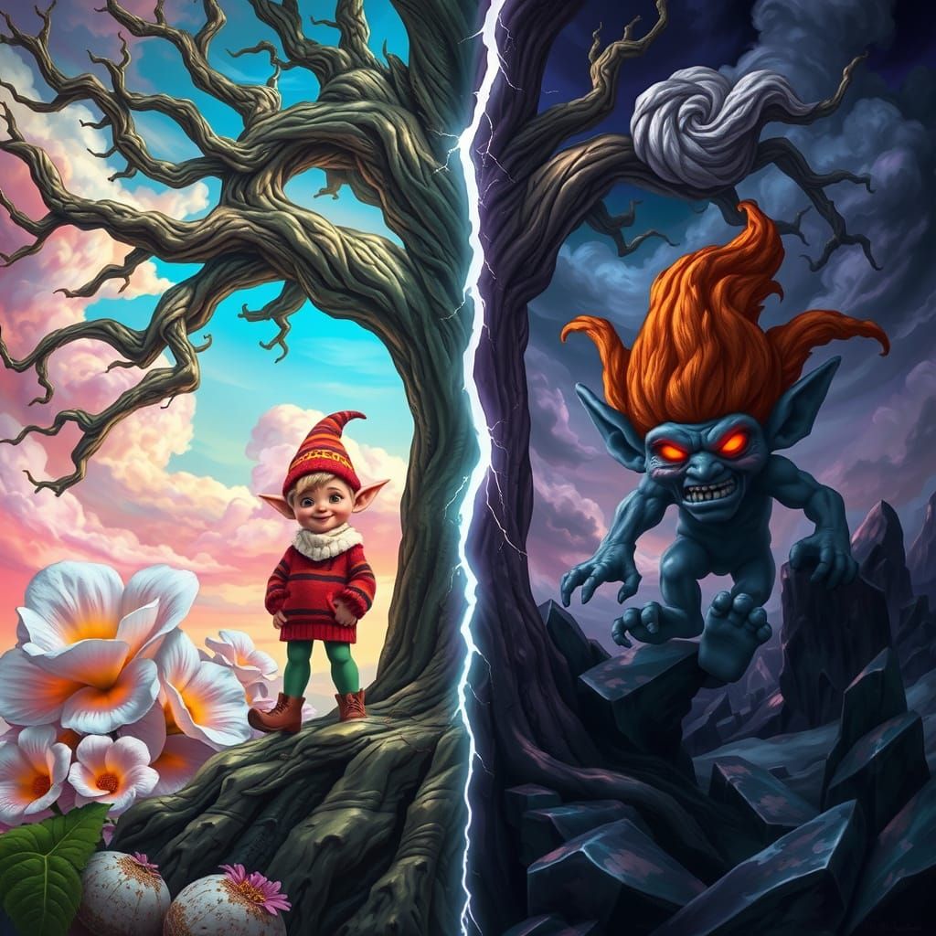 Prismatic Pastel Realm Meets Dark Obsidian Landscape