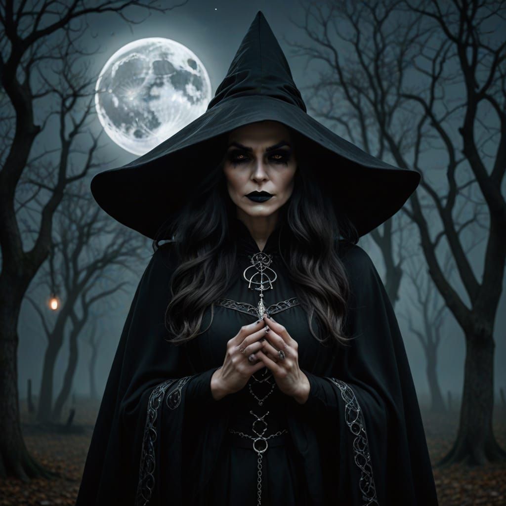 Gothic Witch Conjuring Spirits Under Full Moon