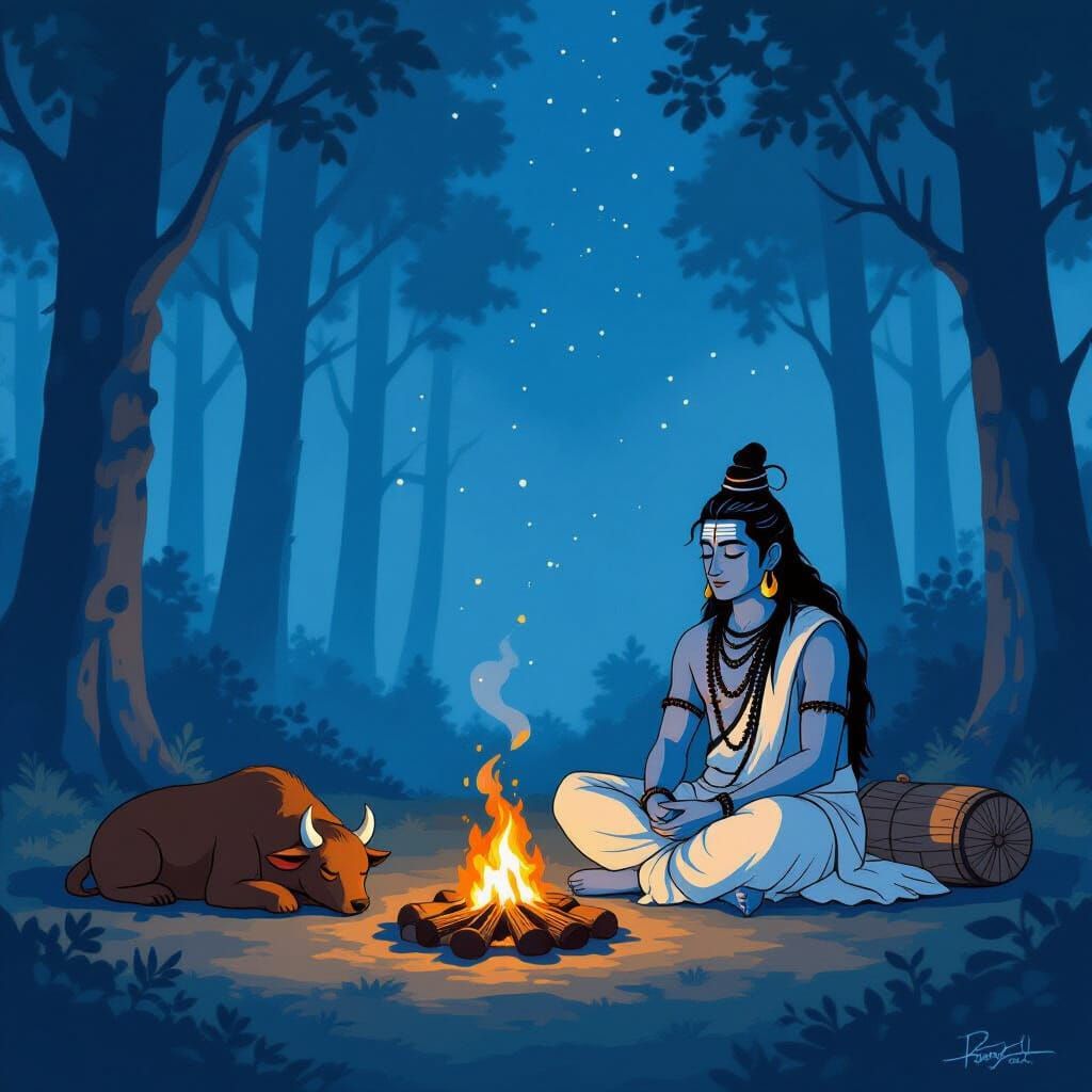 Lord Shiva at Campfire in Himalayan Forest, Ghibli Style