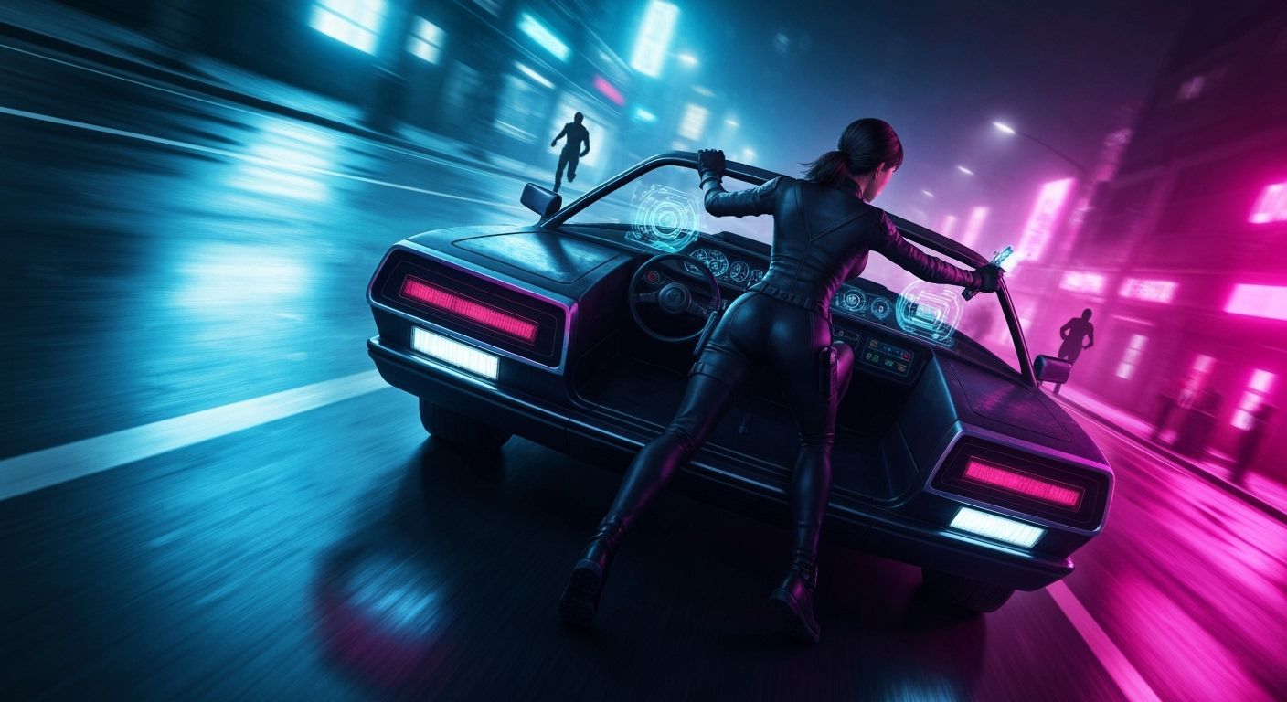 Female Agent Races Futuristic Car Through Neon City