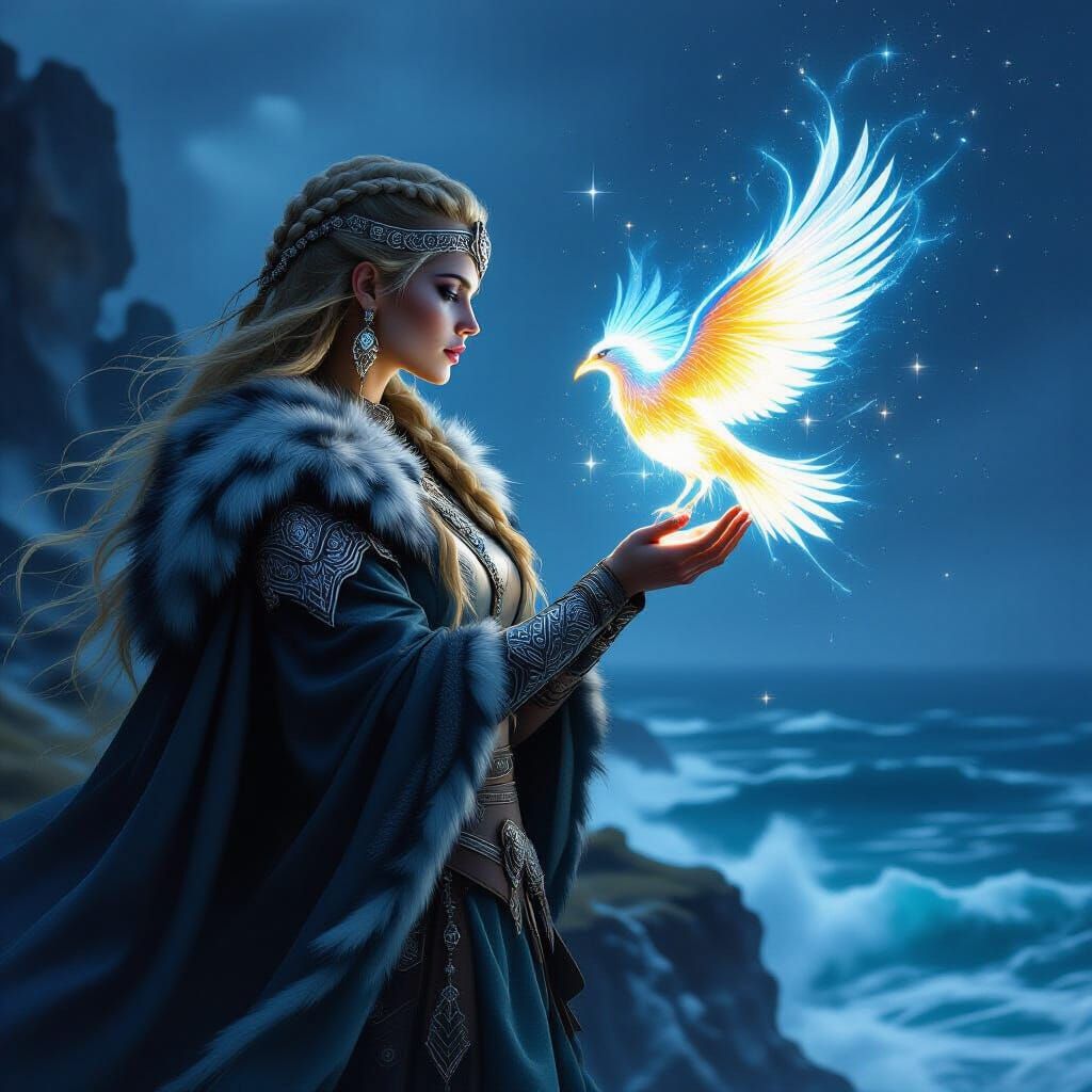 Viking Woman With Cosmic Bird on Cliff