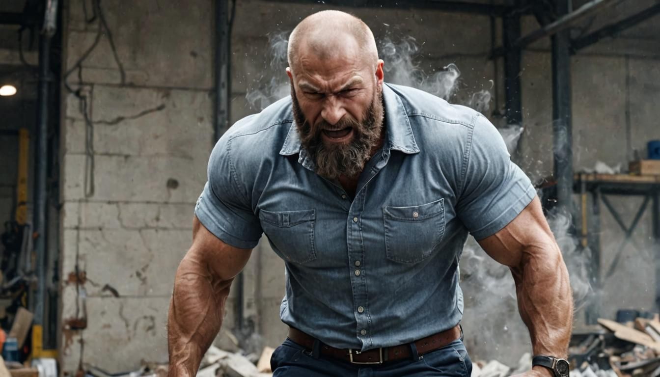 Muscular Blue Collar Man Rips Shirt Open