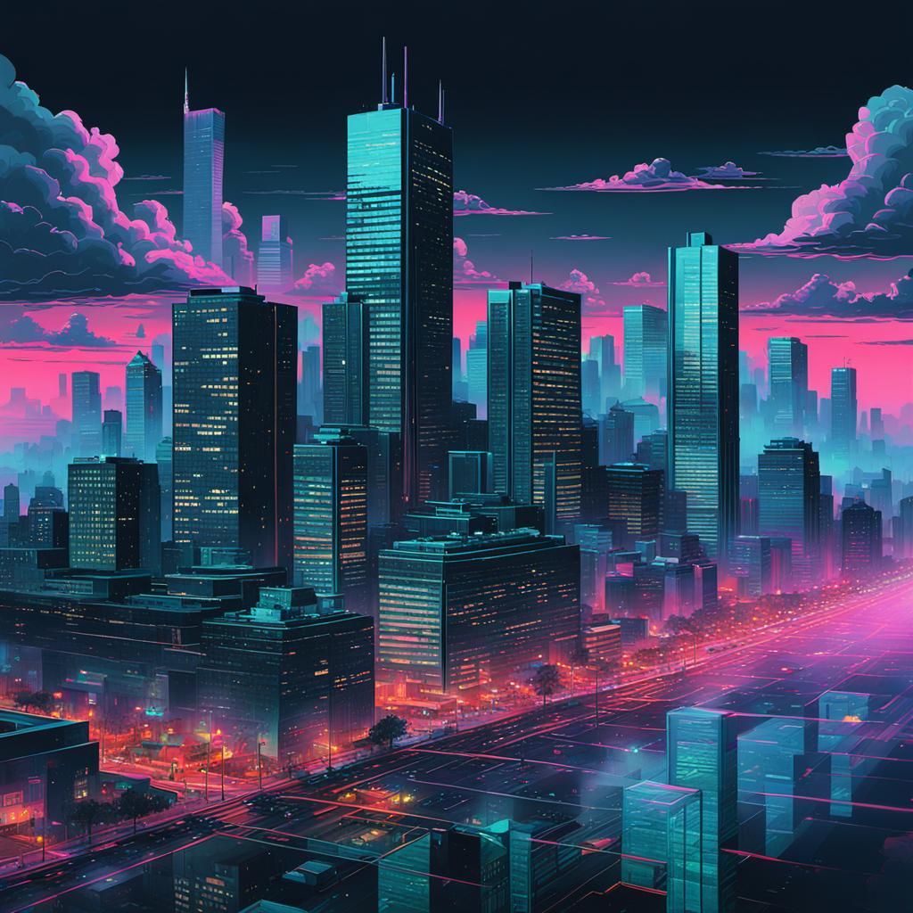 Cityscape at Dusk in Vaporwave Style