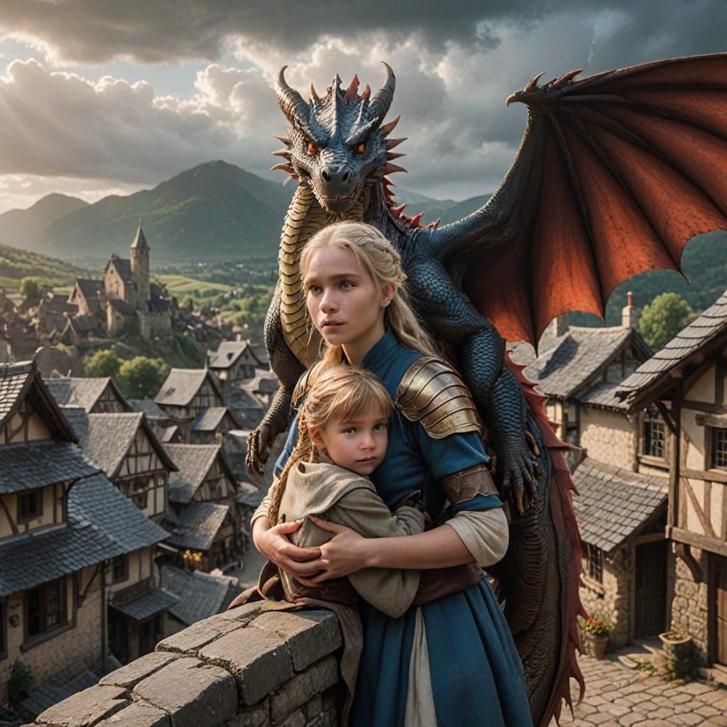 Protective Red Dragon Overlooking Cliffside Village