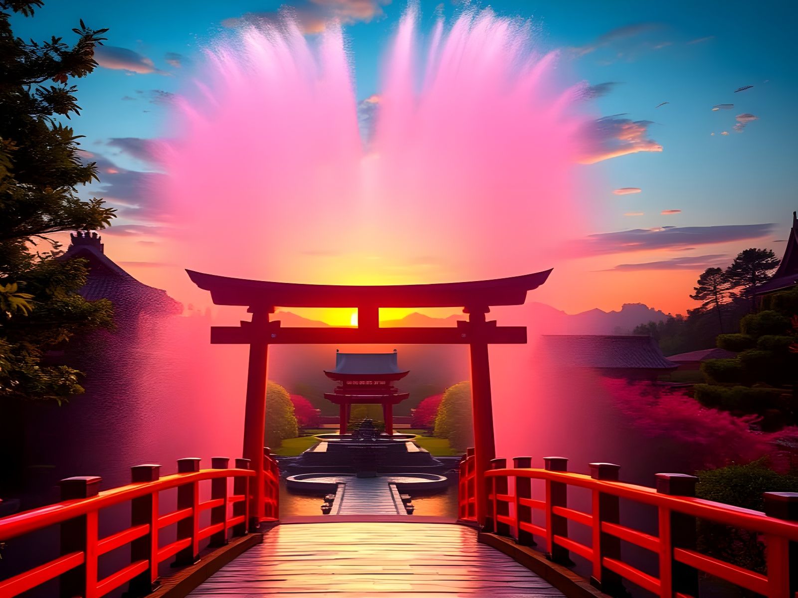 Japanese Garden Torii Gate in Misty Sunlight