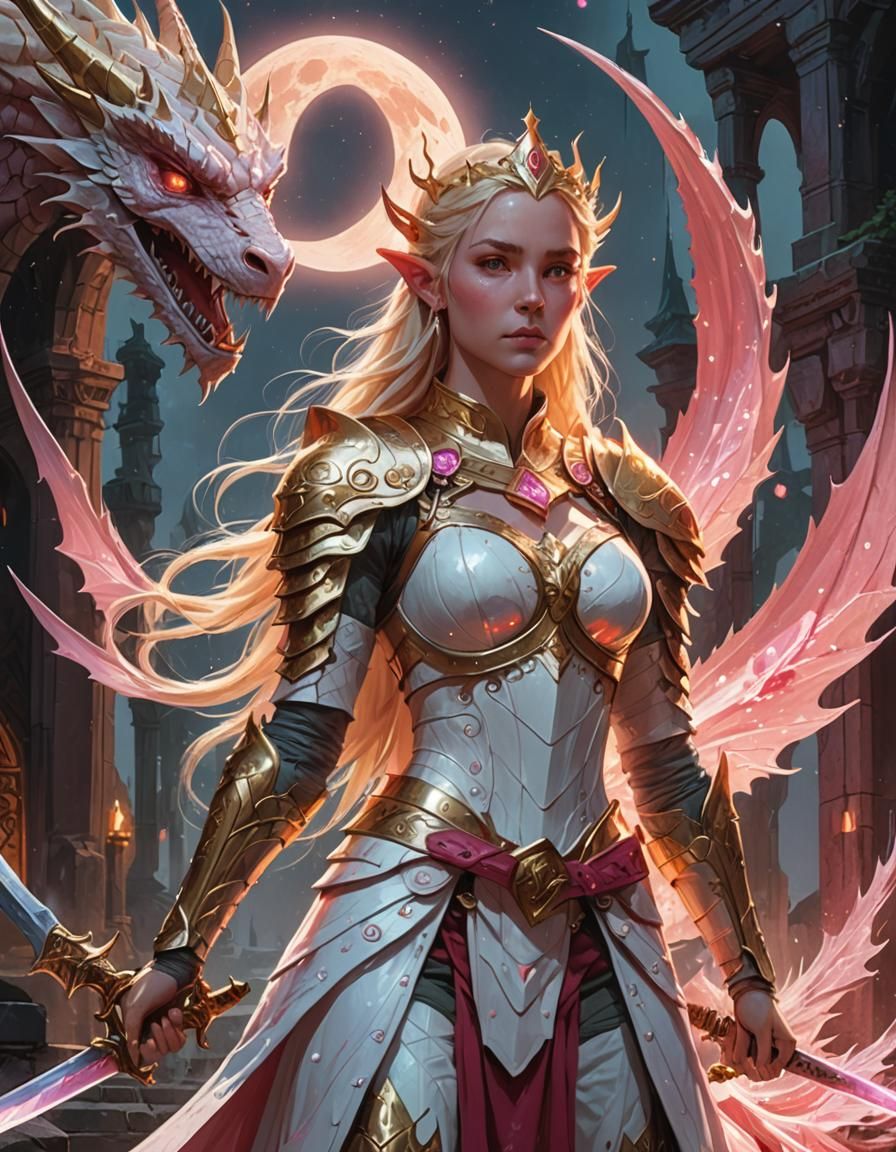 Elven Goddess with Dragon in Mystical Temple