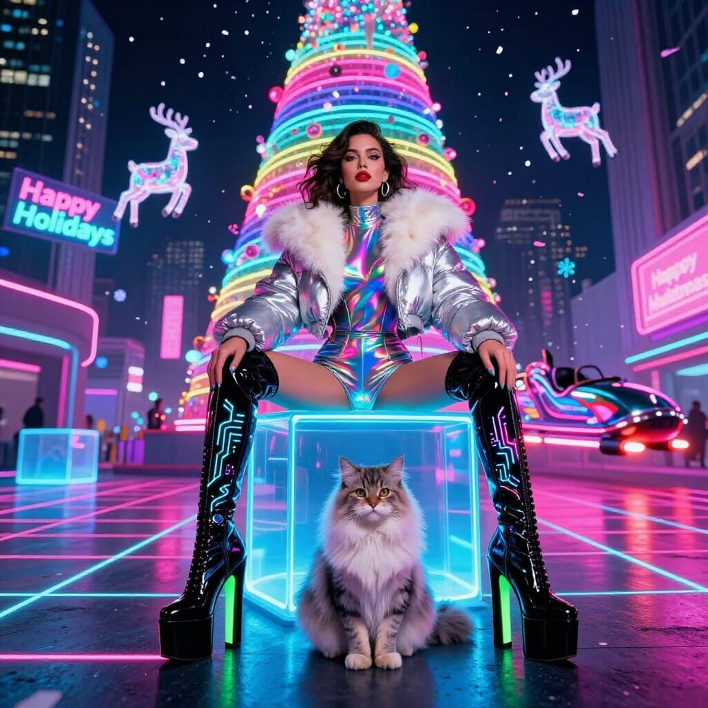 Glamorous Woman in Neon Metropolis with Cat