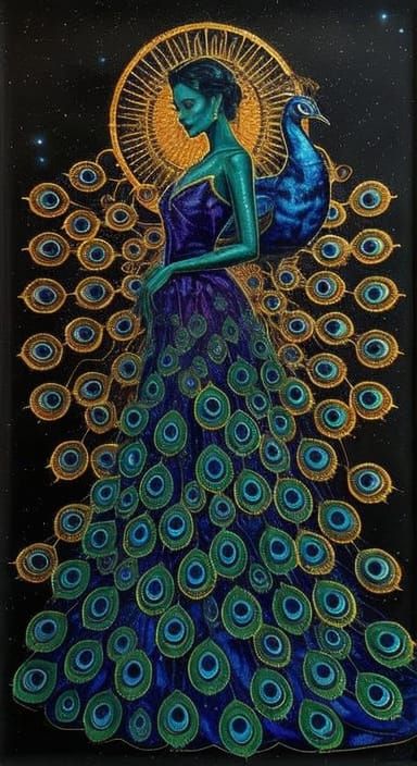 Regal Woman in Verre Églomisé Peacock Gown