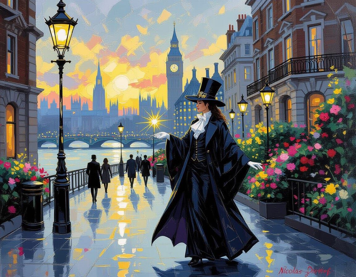 Romantic Magician in London Streets in Delort Style