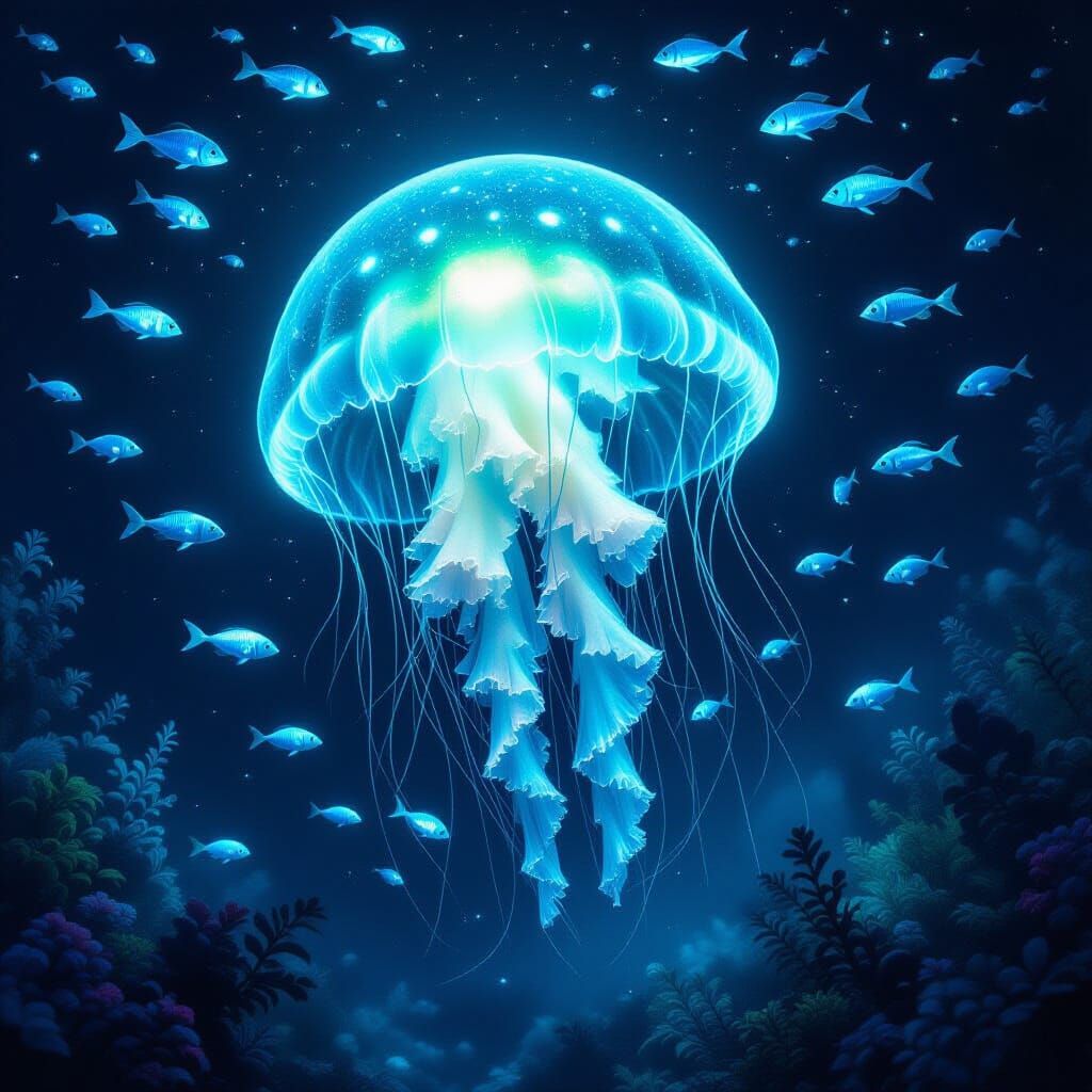 Bioluminescent Jellyfish in Alien Ocean, Surreal Biomechanic...