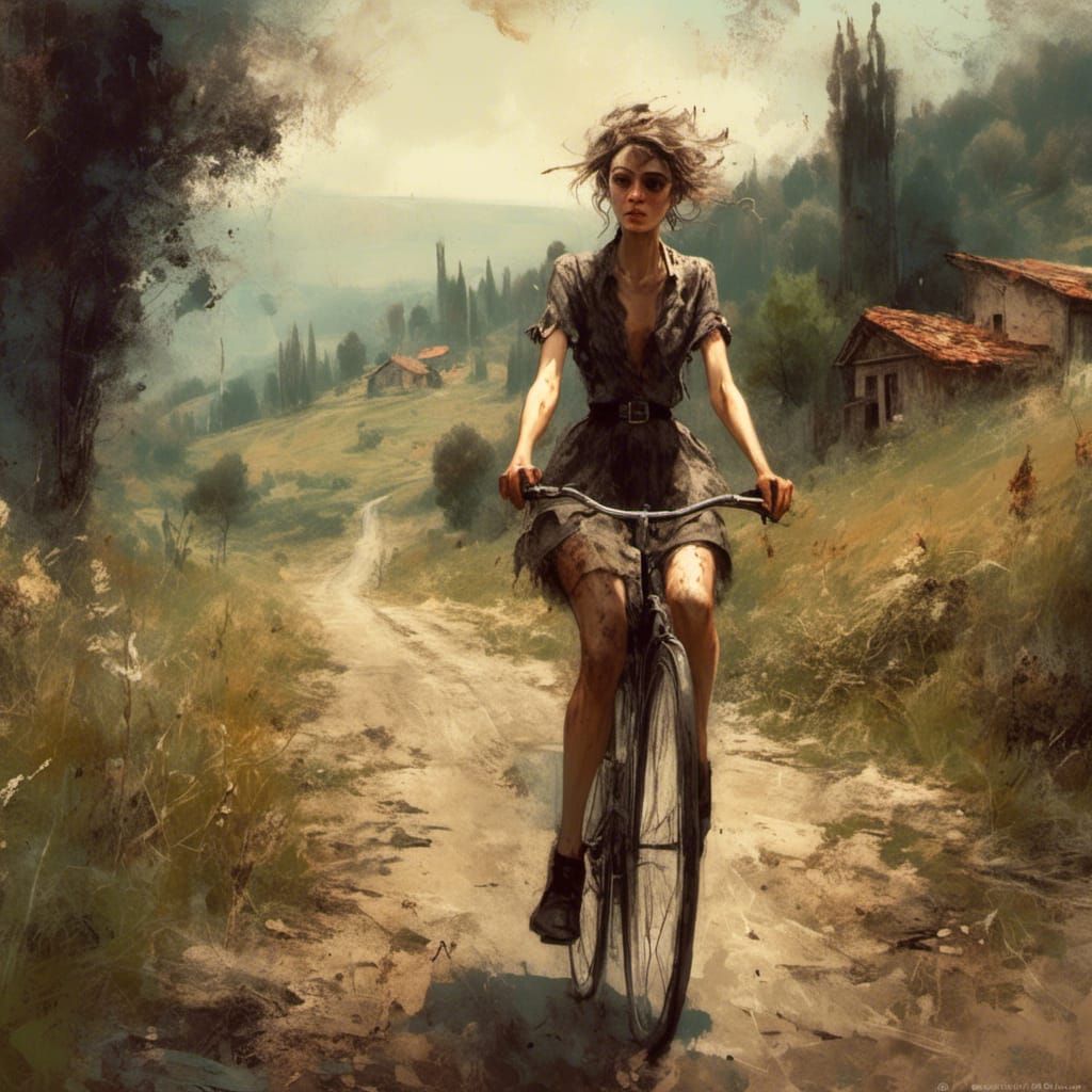 Charming Cyclist in Tuscan Countryside, Splash Art Style