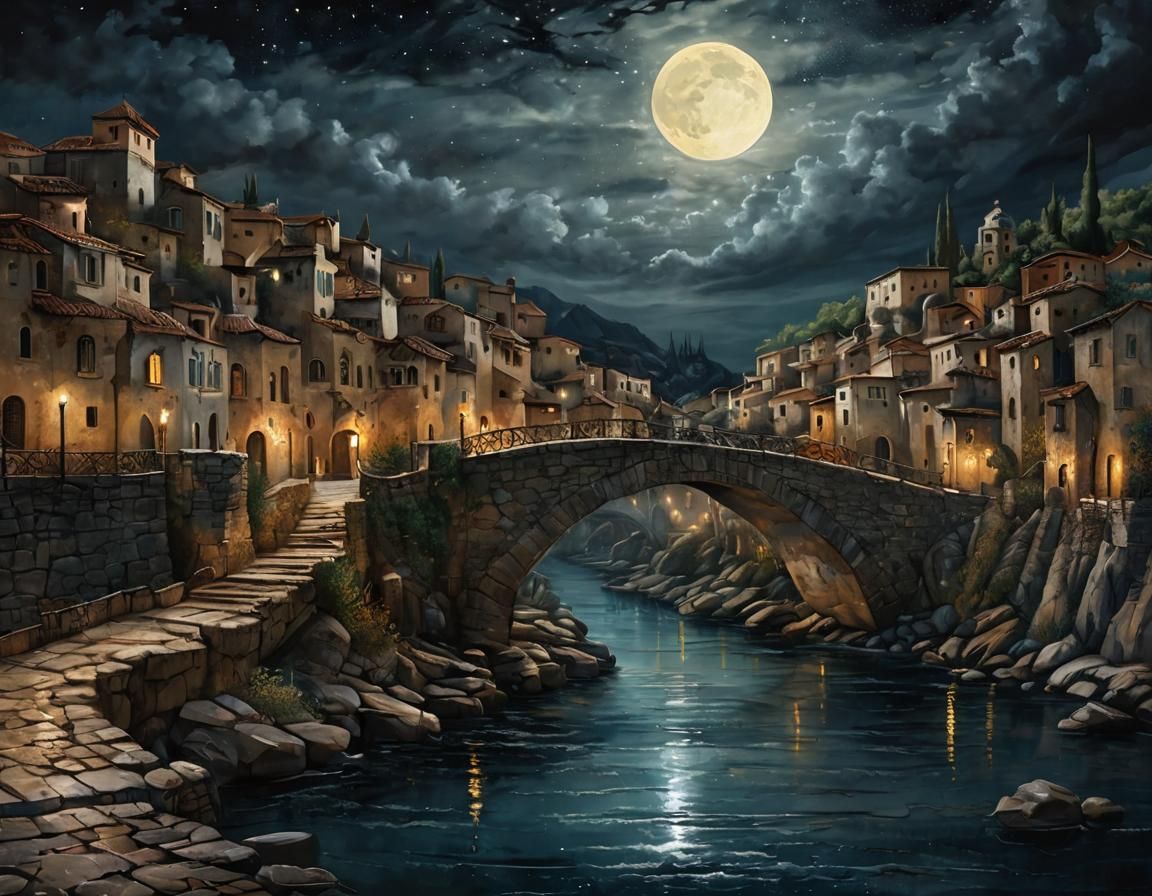 Moonlit Mediterranean Village Under Starry Skies