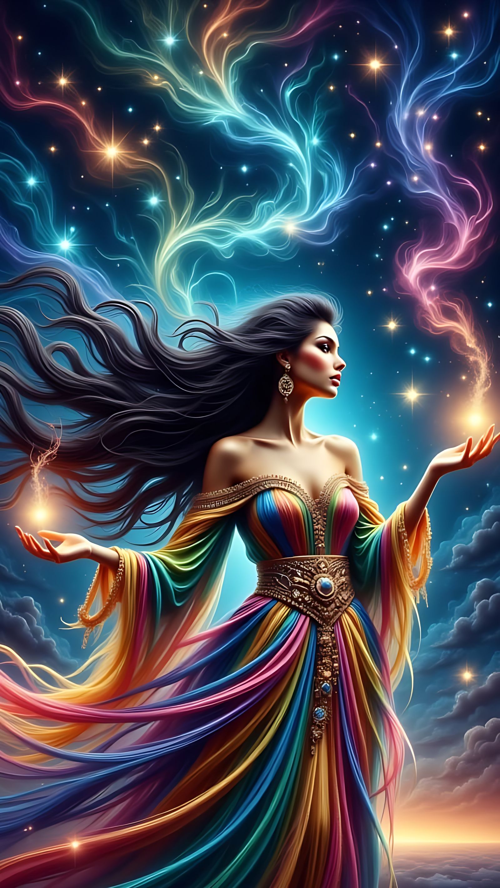 Cosmic Sorceress with Rainbow Nebula in Hyperrealistic Style