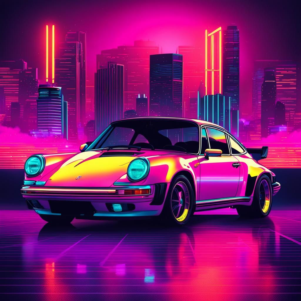 Porsche in Synthwave Neon Retro Style