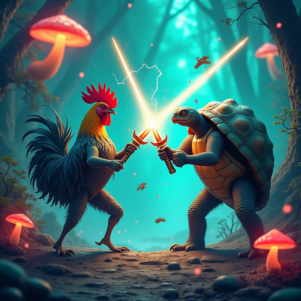 Chicken and Turtle Duel with Laser Swords, Ghibli Style