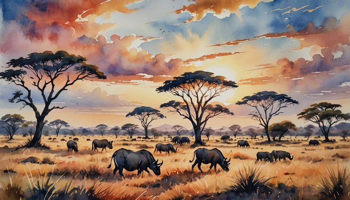 African Savannah Wildlife in Dramatic Watercolor Landscape