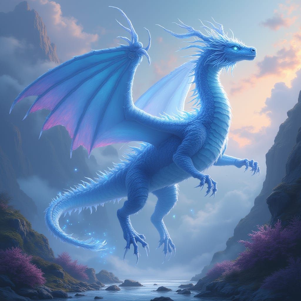 Electric Ice Dragon Soaring in Fantasy Landscape