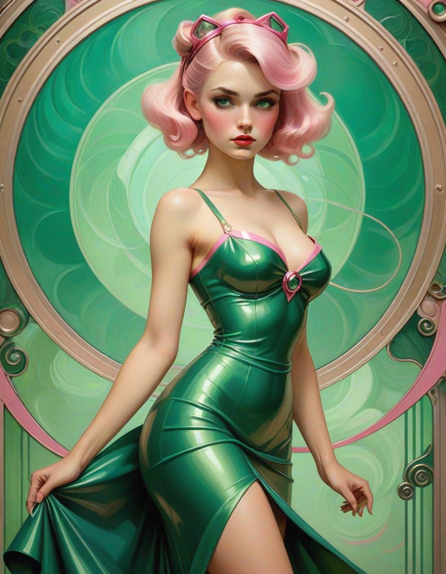 Pin-Up Woman in Emerald Dress: Mucha-Inspired Art