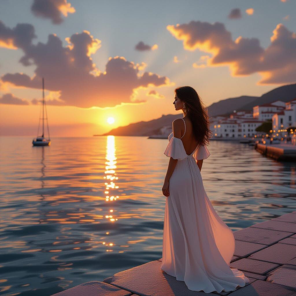 A stunning hyperrealistic oil painting depicts a serene Medi...