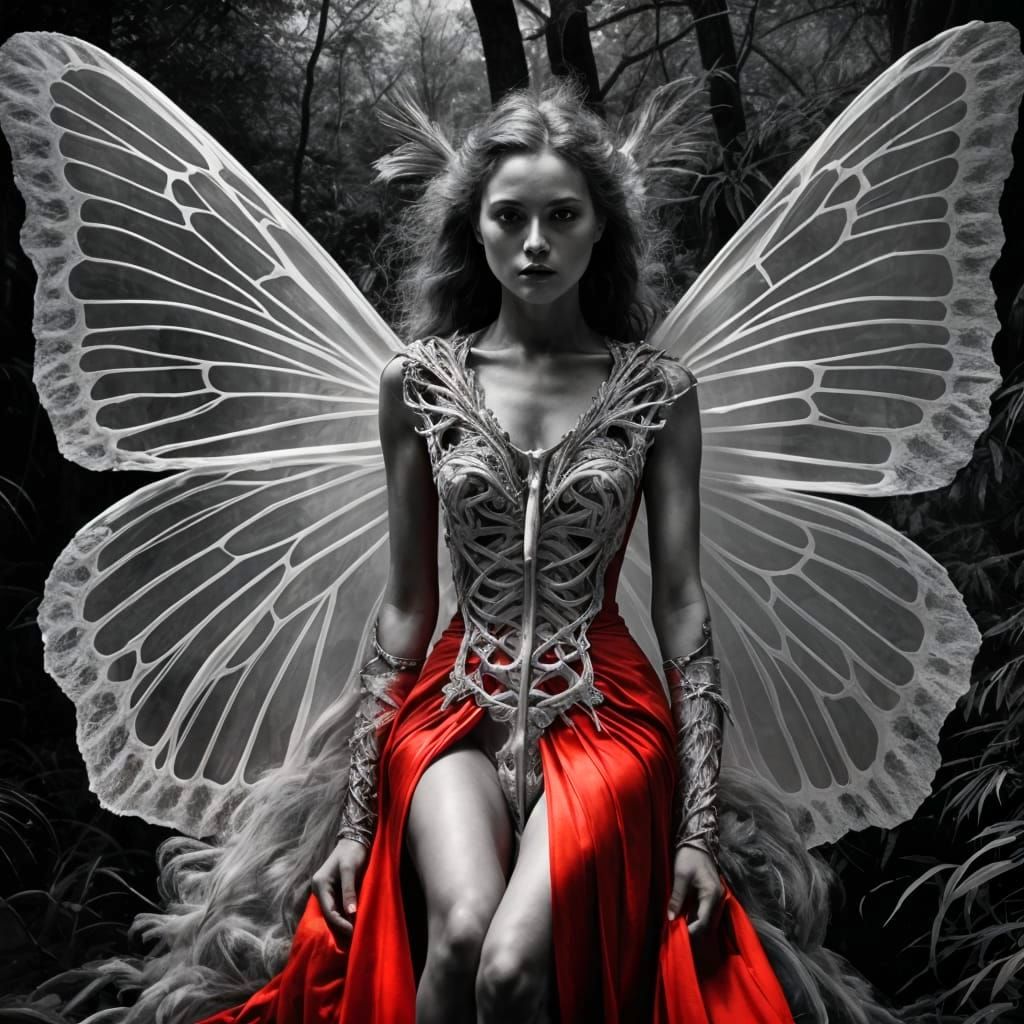 Woman with Skeleton Butterfly Wings in Infrared