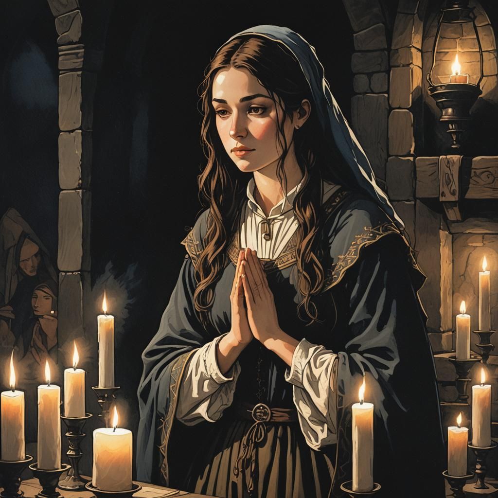 Medieval Peasant Woman Praying by Candlelight