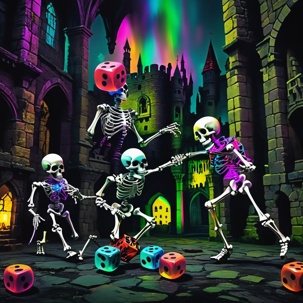 Darkpunk Skeletons Play Dice in Surreal Castle