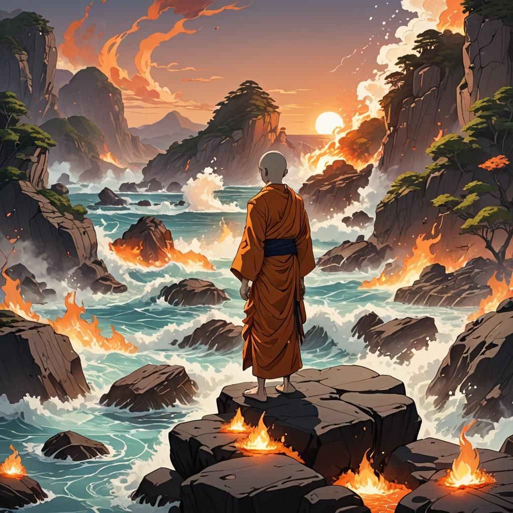 Young Monk Controls Elements in Anime Style