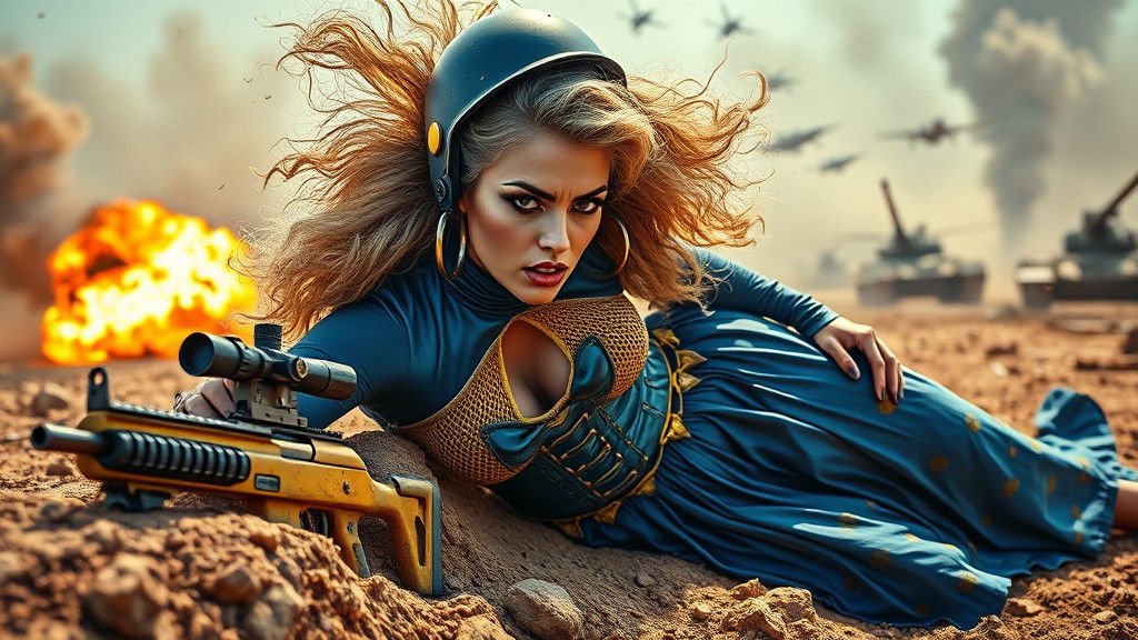 High-Fashion Combat Queen in Battlefield Chaos