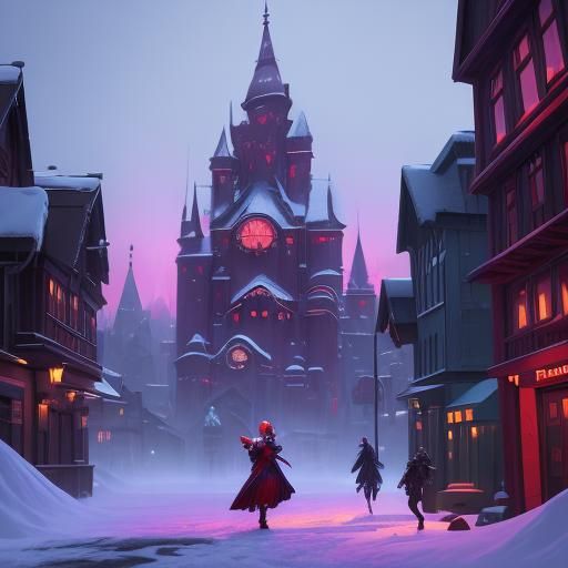 Girl in Crimson Coat Amid Snowy Cityscape