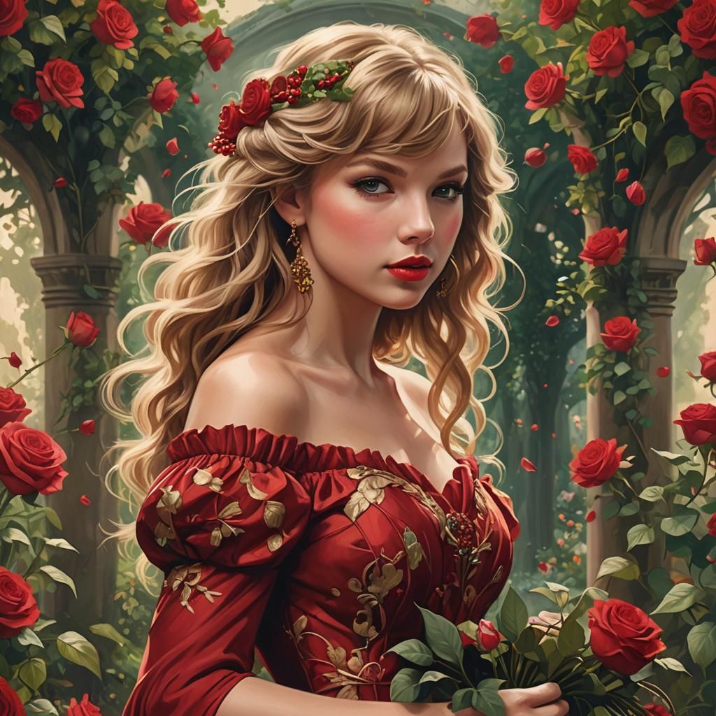 Taylor Swift Surrounded by Roses, Alphonse Mucha Style