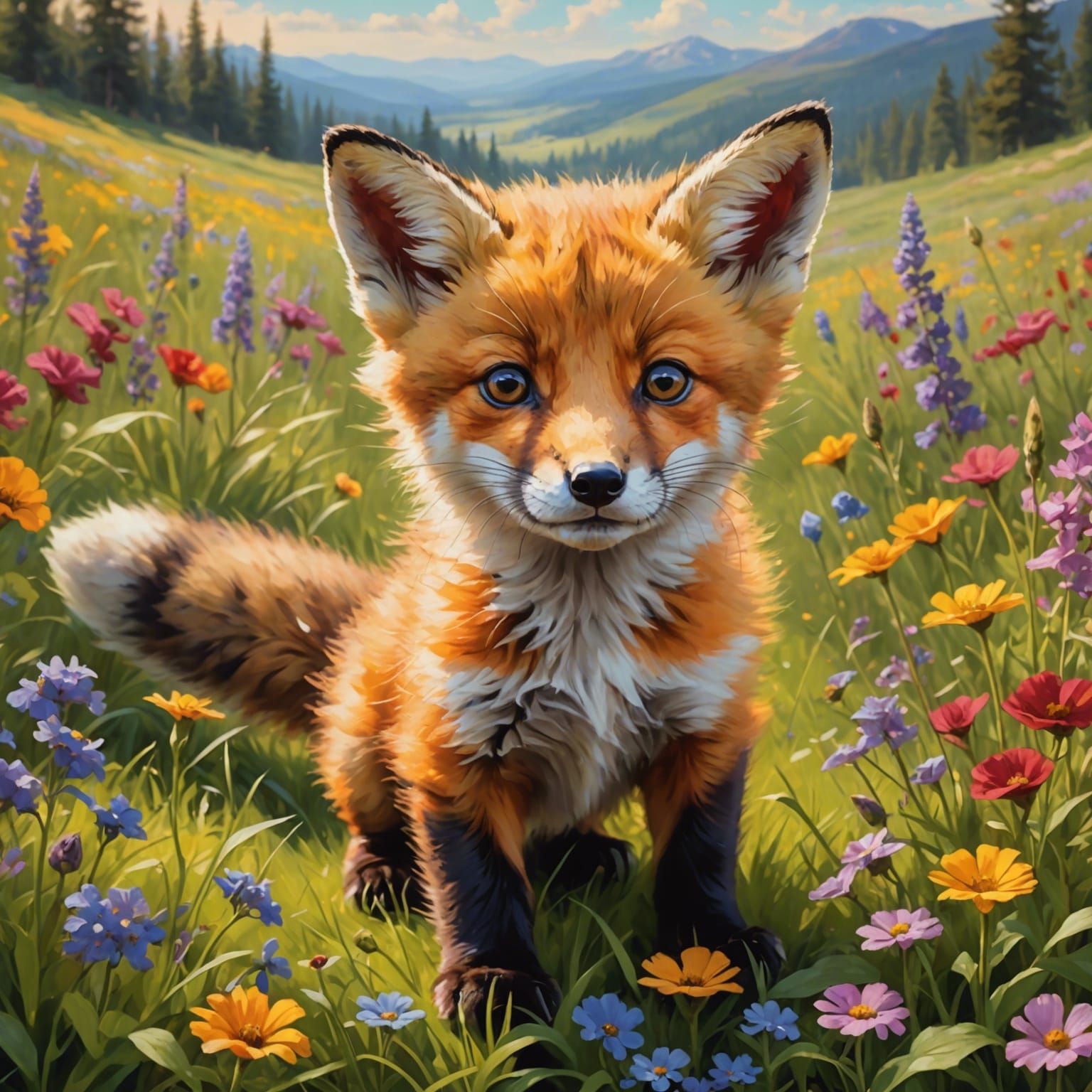 Fox Cub in Meadow: Oil Painting Masterpiece