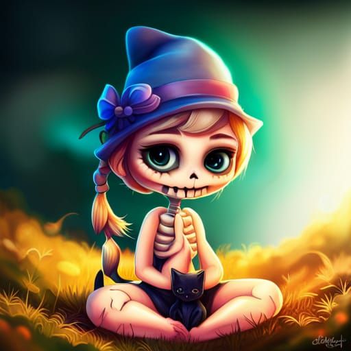Cute Skeleton Creature with Kitten in Fantasy Art