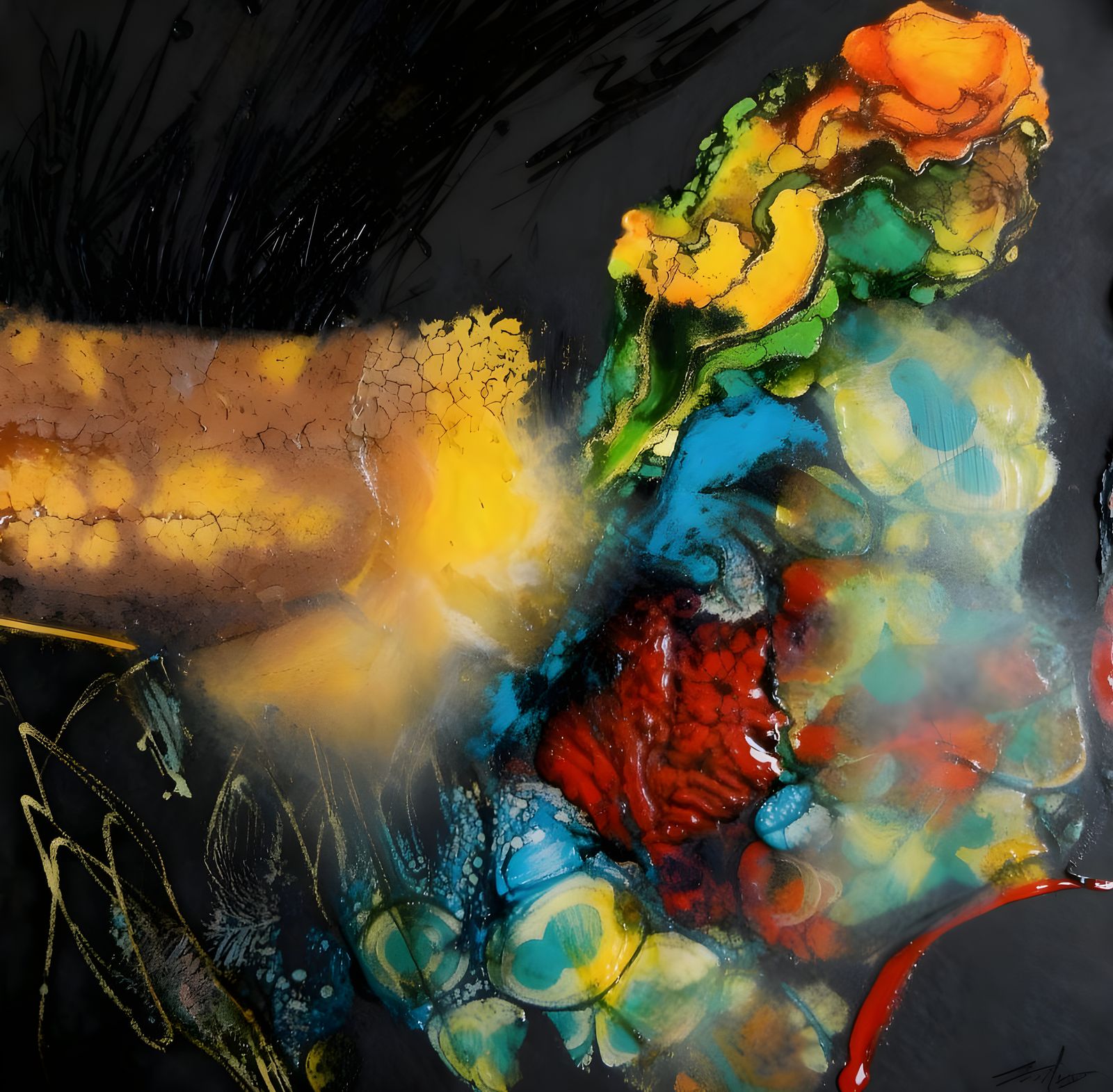 Abstract Encaustic Painting on Black Paper