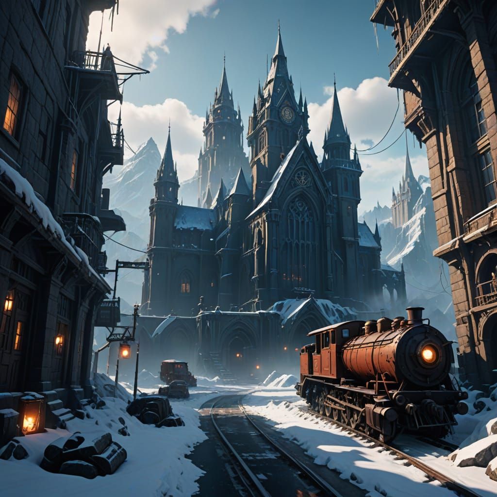 Frostpunk Cityscape in a Frozen Wilderness