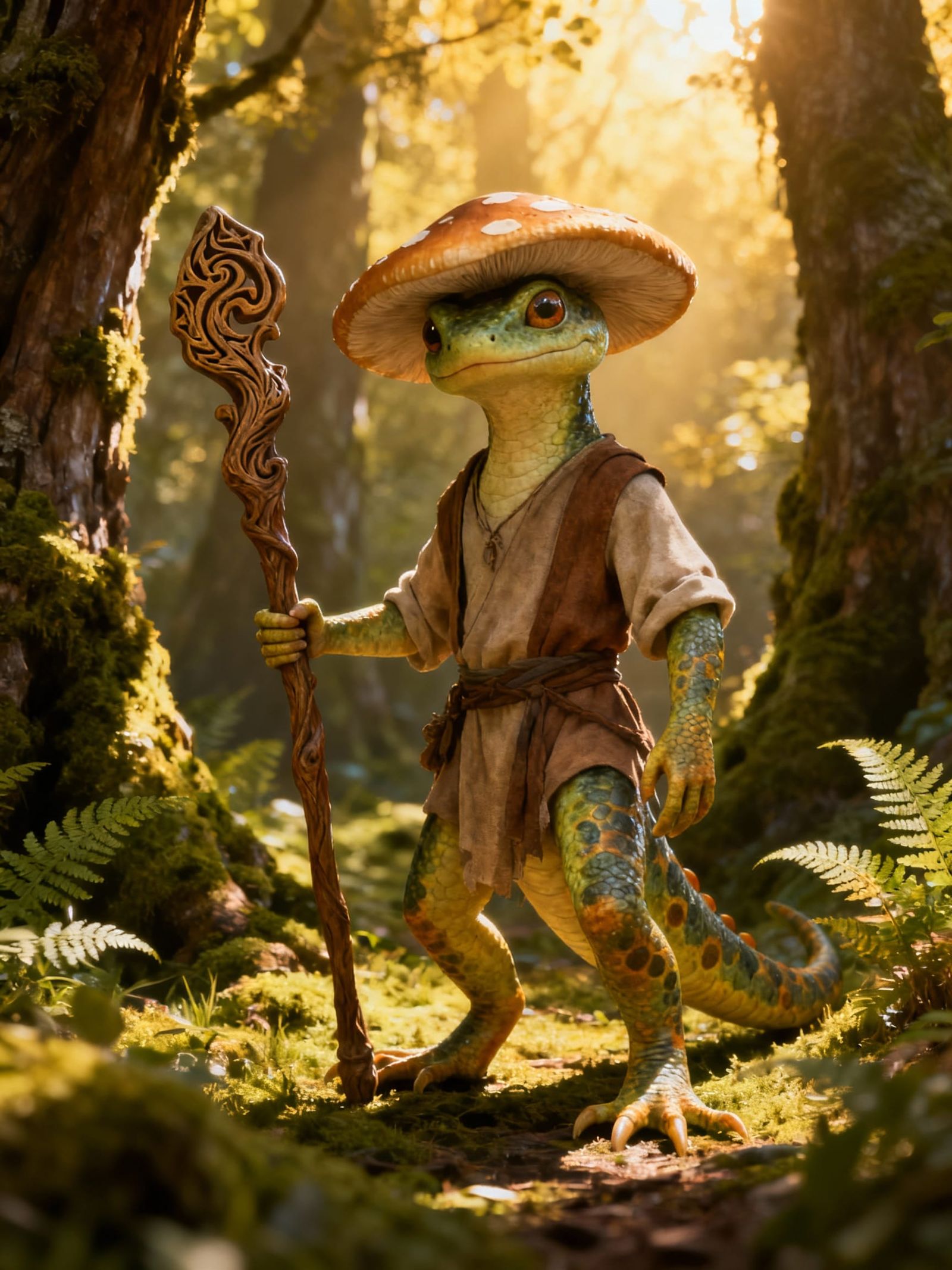 Humanoid Salamander D&D Character with Mushroom Hat and Staf...