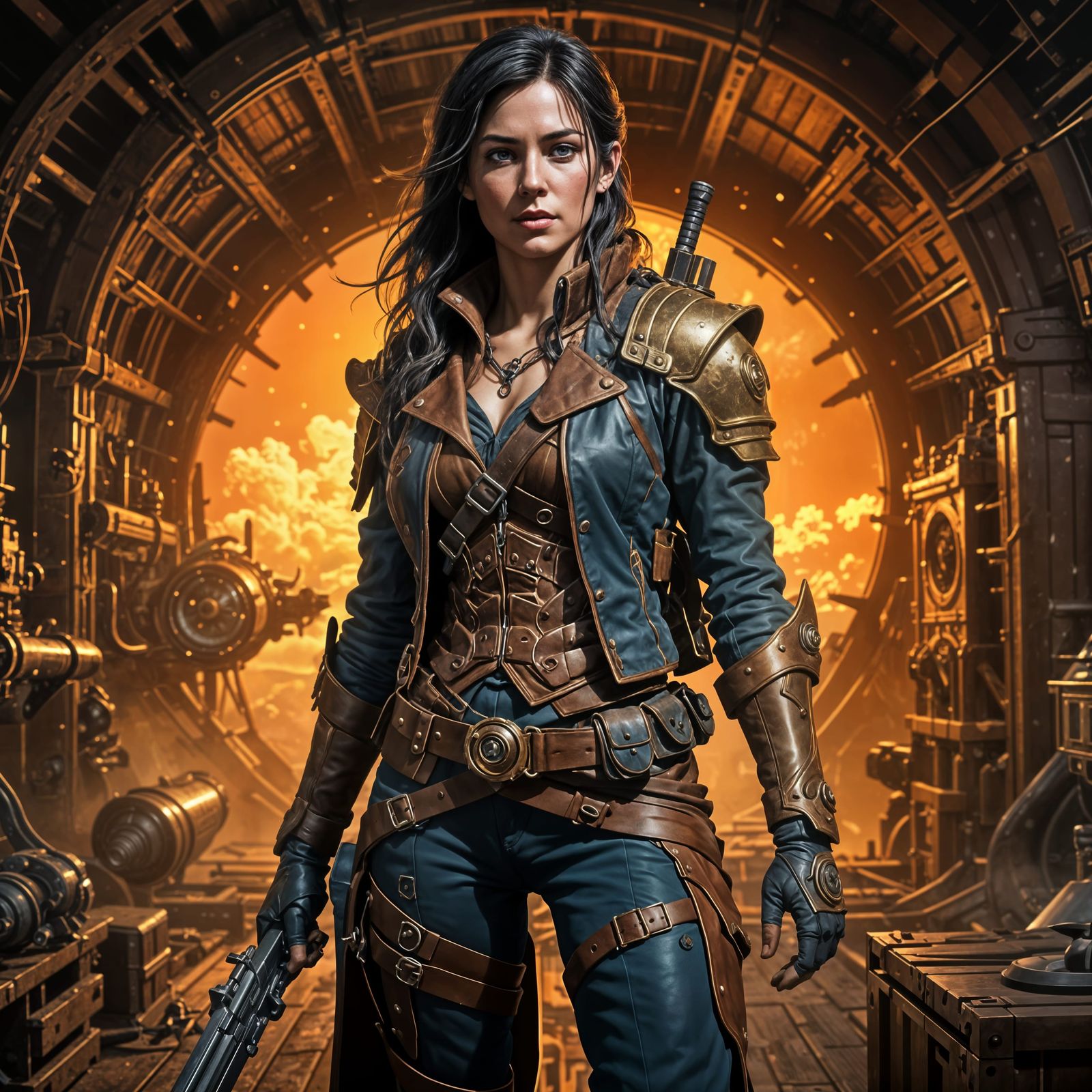 Elegant Elven Rogue Readies Blasters in Airship Hangar