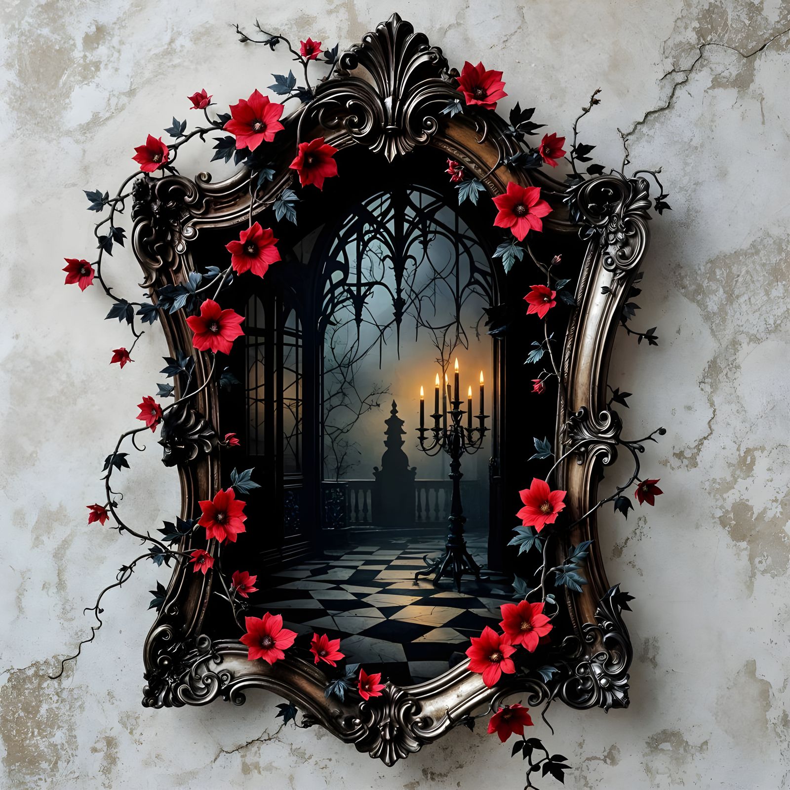 Cracked Mirror Reflecting Gothic Room in Dark Style