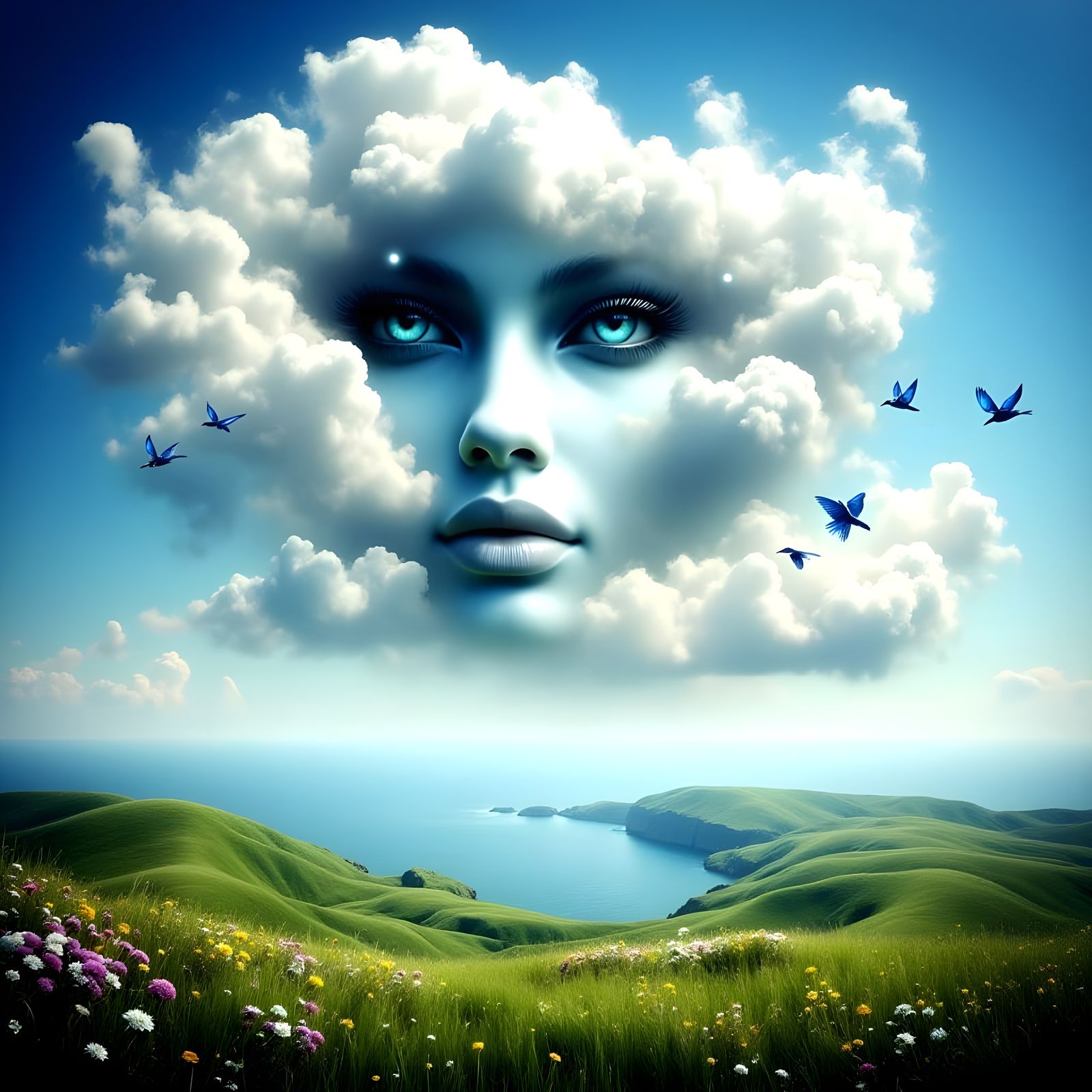 Enchanted Goddess Emerging from Clouds over Lush Green Hills
