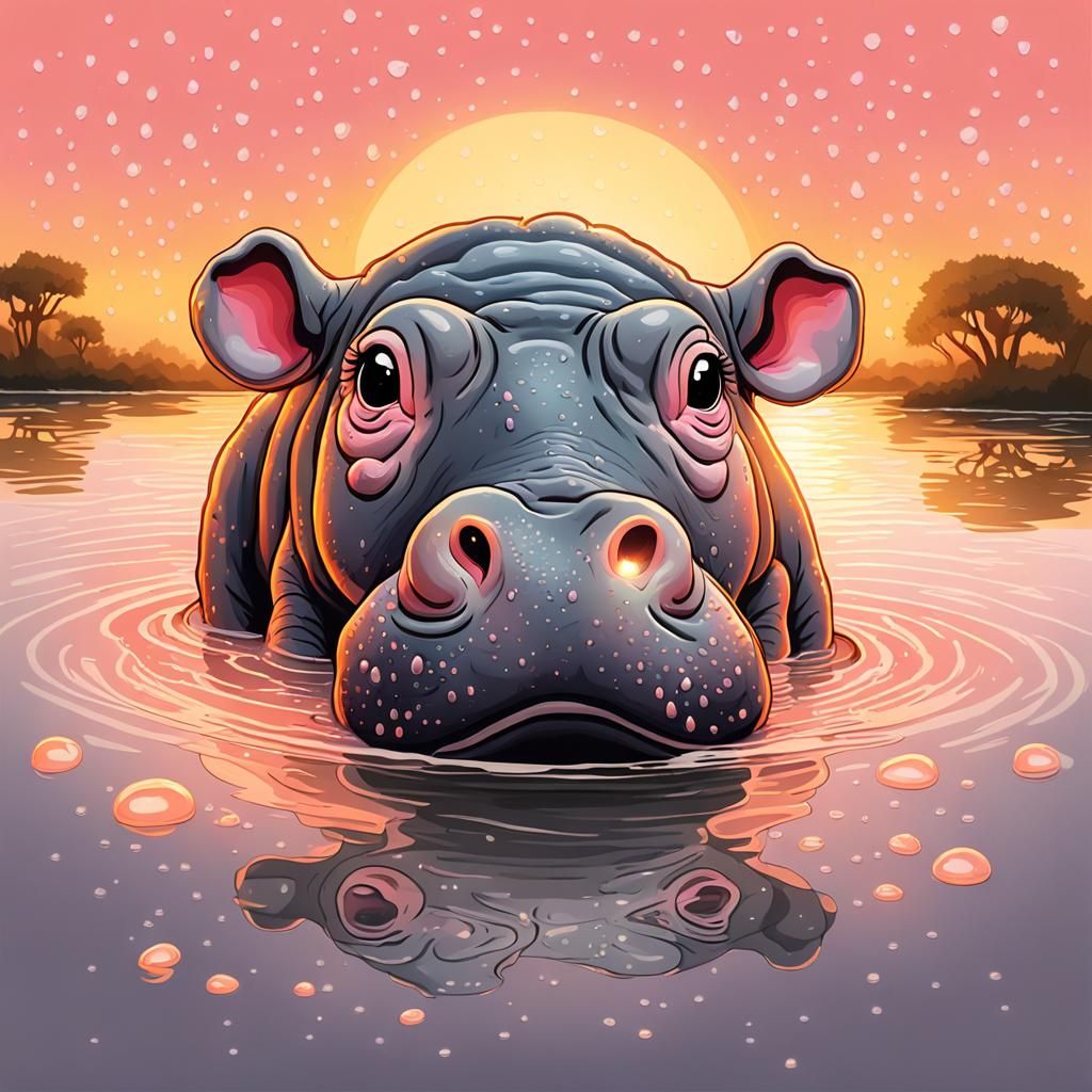 Adorable Hippo Calf Emerges at Sunset: Detailed Digital Art