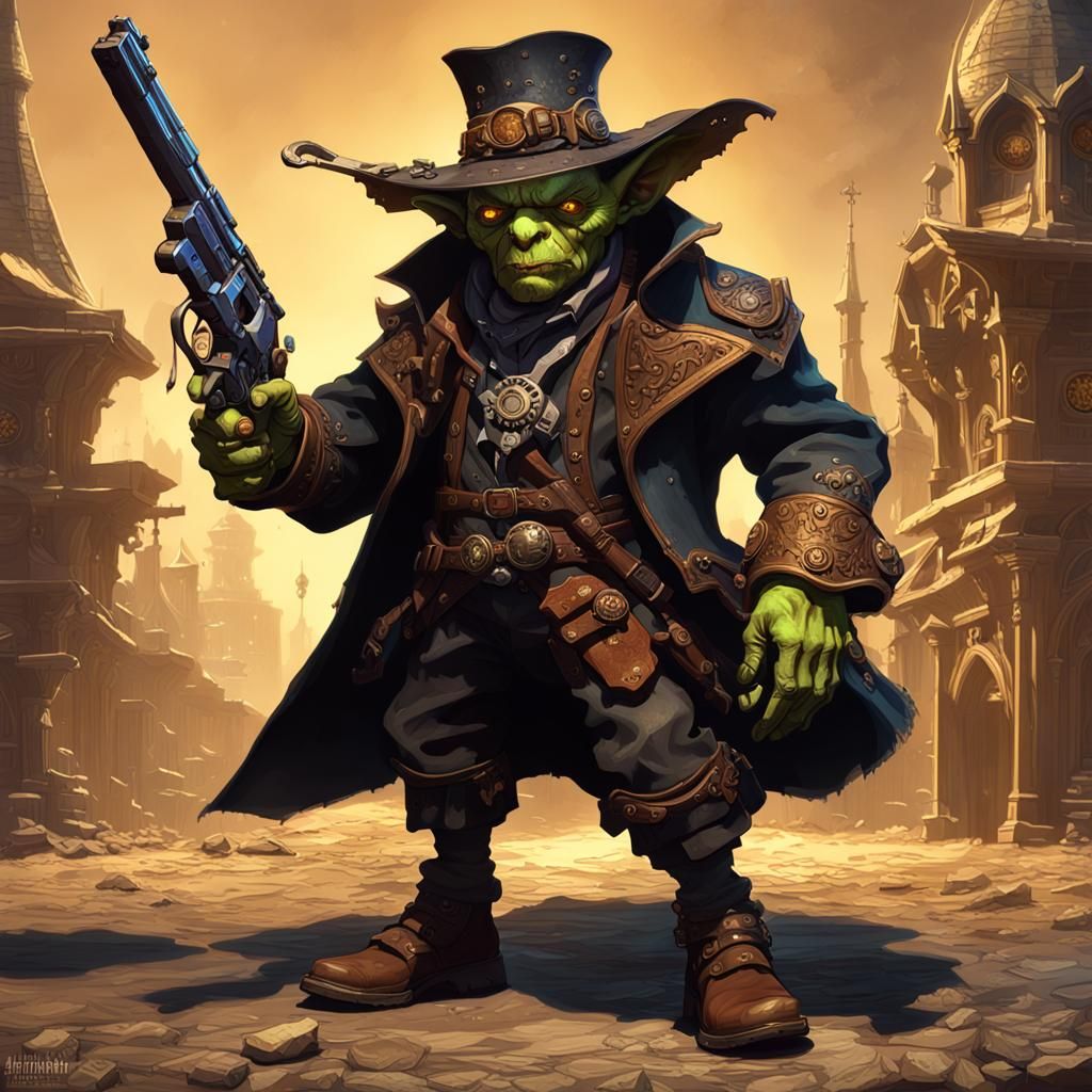 Goblin Gunslinger with Revolver in Dark Fantasy Style