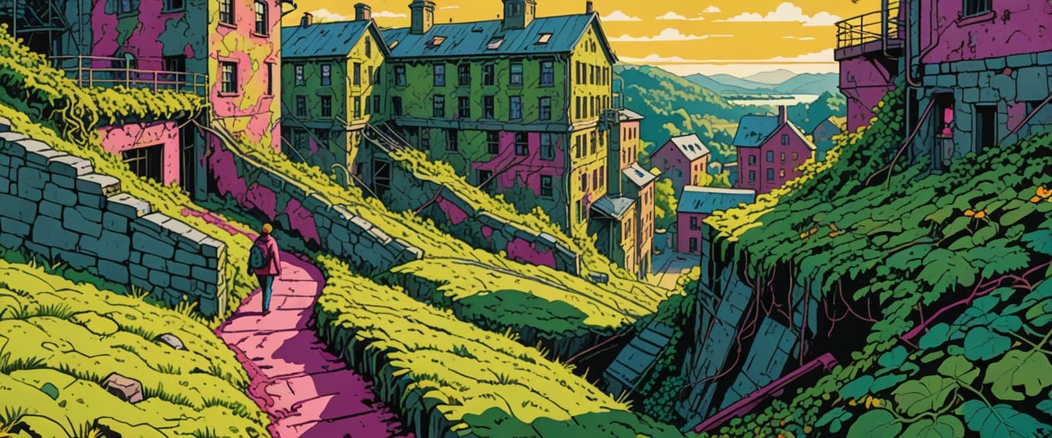 Industrial Wasteland: Comic Book Style Watercolor Landscape