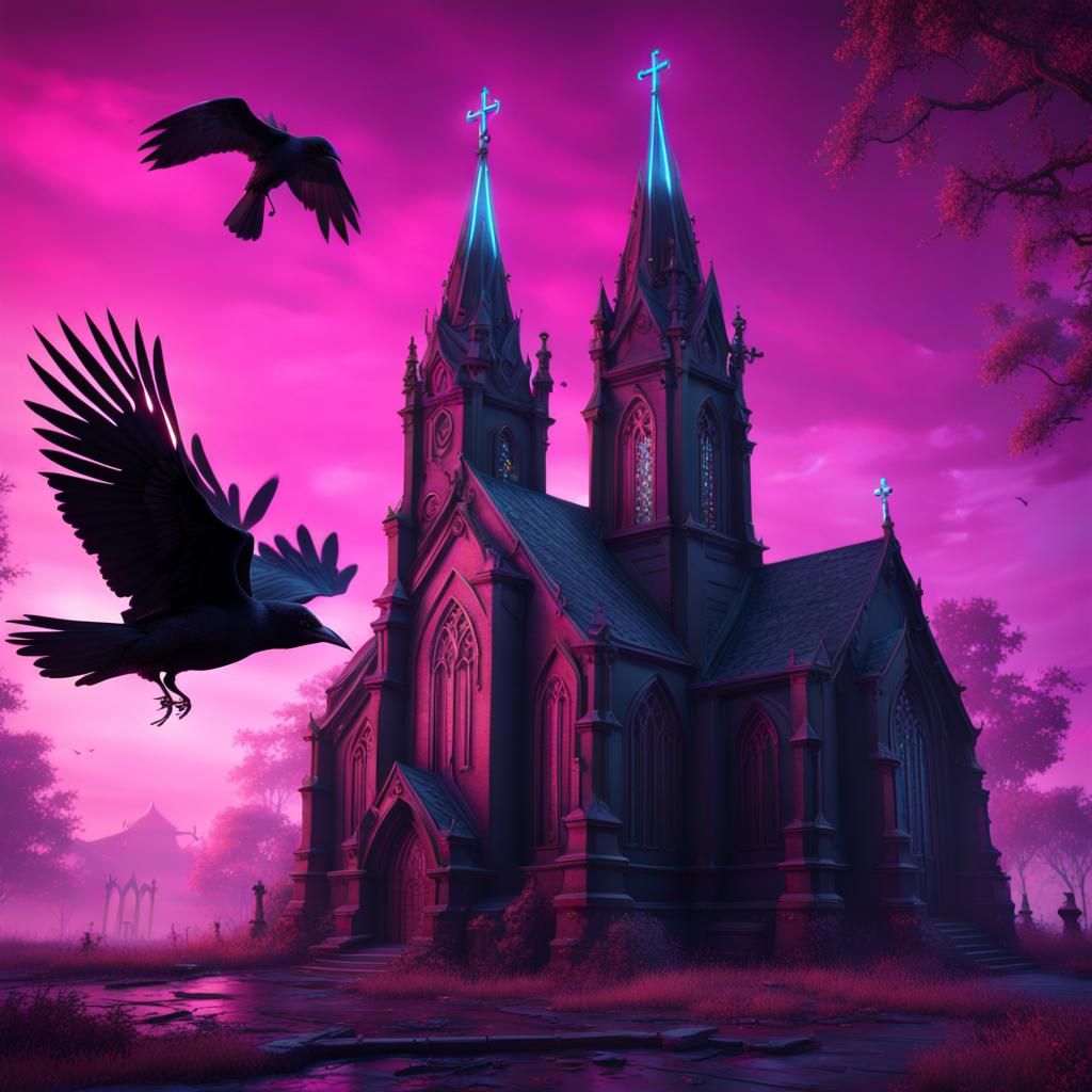 Neon Goth Church Crow in Detailed Matte Painting
